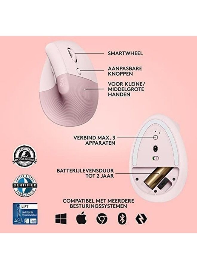 Logitech Lift Vertical Ergonomic Mouse, Logi Bolt USB Receiver, 4000 DPI Sensitivity, Multi-OS Compatibility, 10m Range, 2 Year Battery Life, Quiet Clicks & Smartwheel, 910-006478 Pink - Image 4