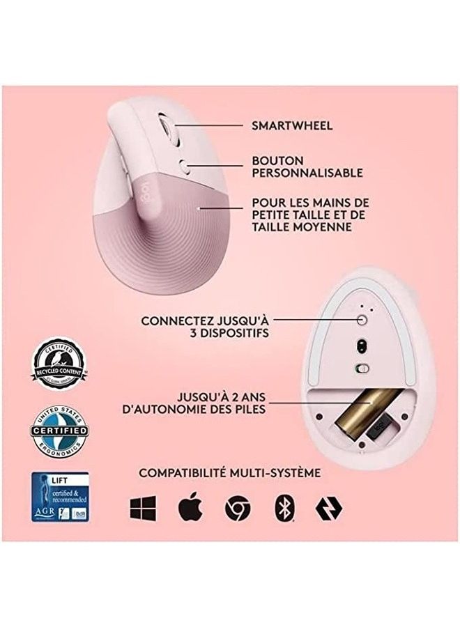 Logitech Lift Vertical Ergonomic Mouse, Logi Bolt USB Receiver, 4000 DPI Sensitivity, Multi-OS Compatibility, 10m Range, 2 Year Battery Life, Quiet Clicks & Smartwheel, 910-006478 Pink - Image 3