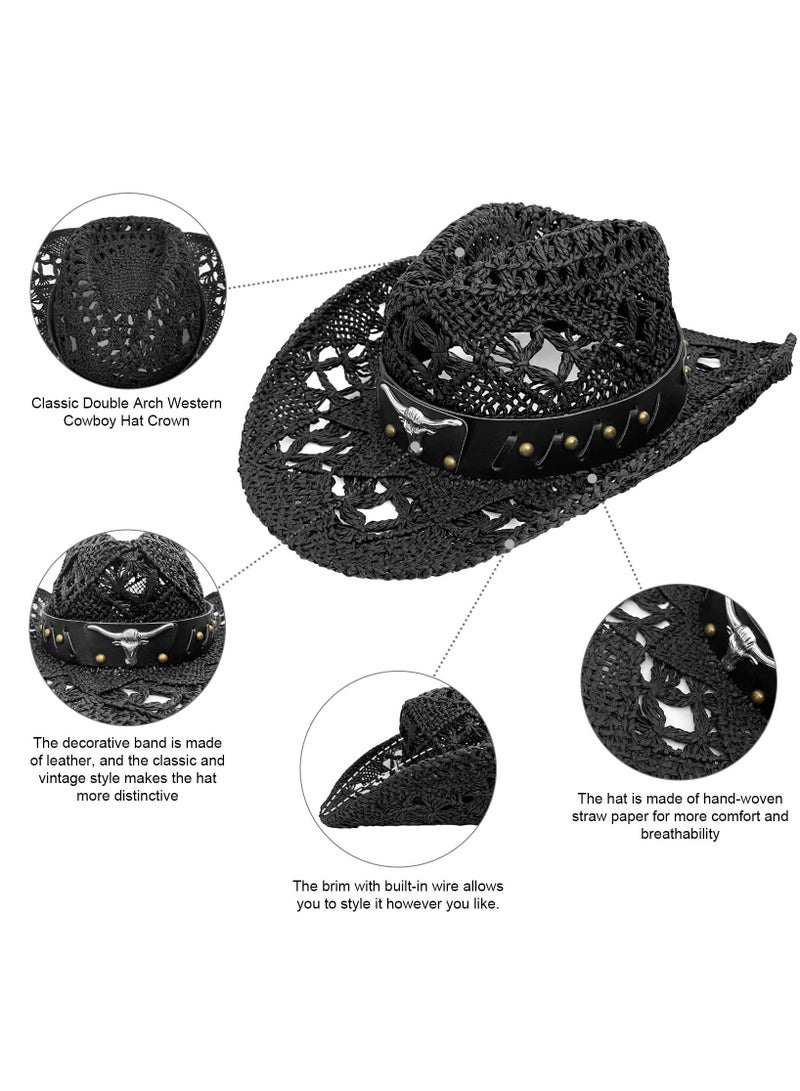 Excefore Straw Cowboy Hat for Women, Sun Hat Men, Womens Beach Hat with Beaded Band - Image 4