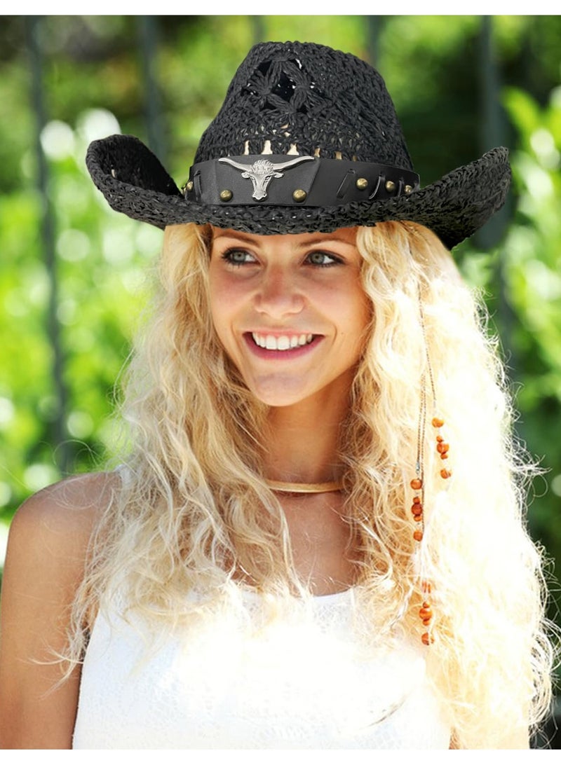 Excefore Straw Cowboy Hat for Women, Sun Hat Men, Womens Beach Hat with Beaded Band - Image 3