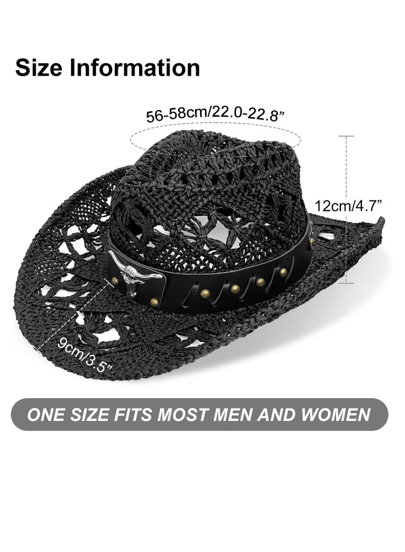 Excefore Straw Cowboy Hat for Women, Sun Hat Men, Womens Beach Hat with Beaded Band - Image 2