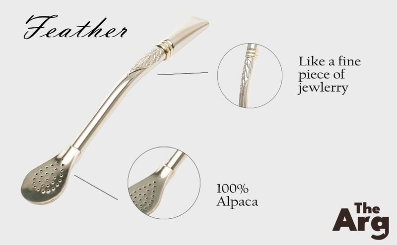 THEARG Yerba Mate Alpaca Straw Reusable, Imperial With Feather Design and Fine Piece of Jewelry., Handmade Artisan, Stainless, For Hot or Cold Drinks Ideal For Mate Gourd, From Argentina - Image 2