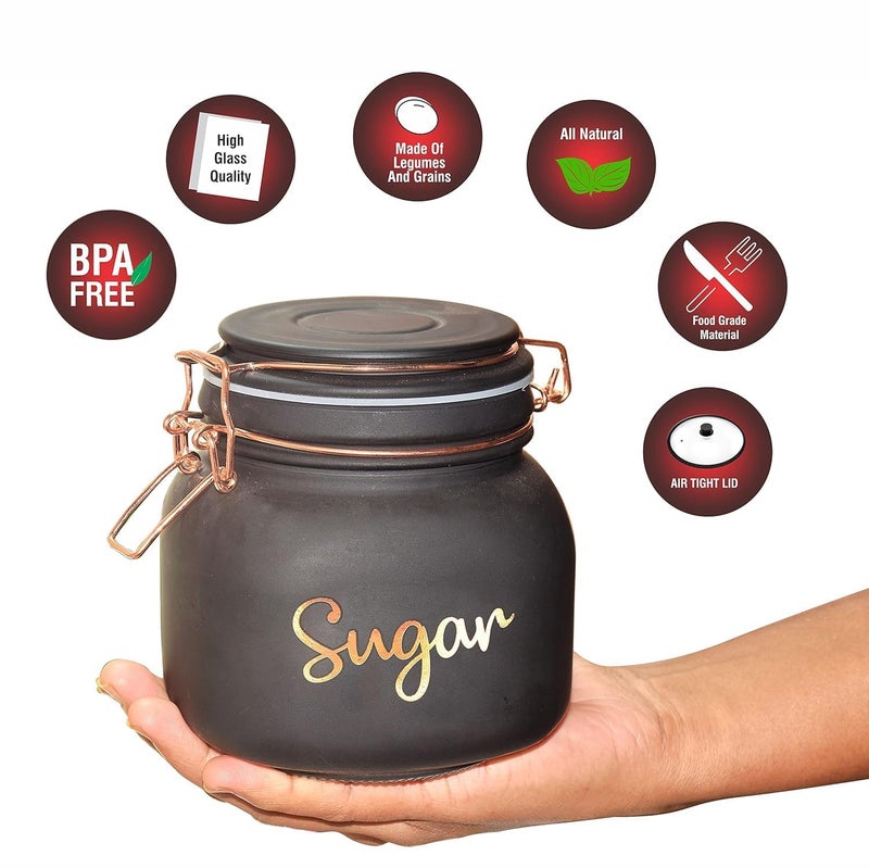 AZLVERA 700ml Glass Airtight tea coffee sugar containers for Kitchen Storage Container with Lid For Tea Coffee Sugar Dry Fruit jars Square Shape Storage Jar Set of 3 BlackRound - Image 2