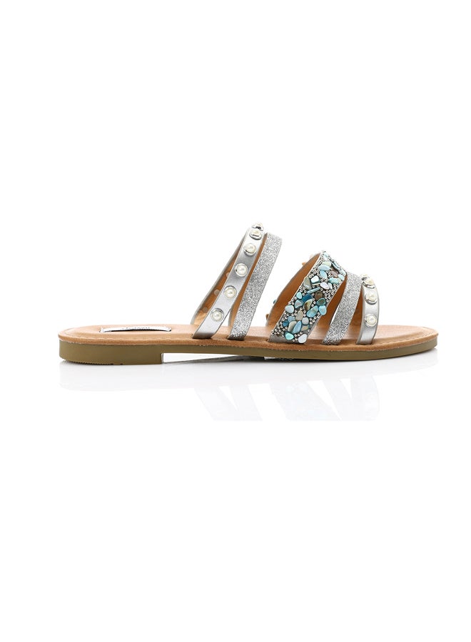 Decorative Studs and Pearls Flat Slippers - Silver & Turquoise