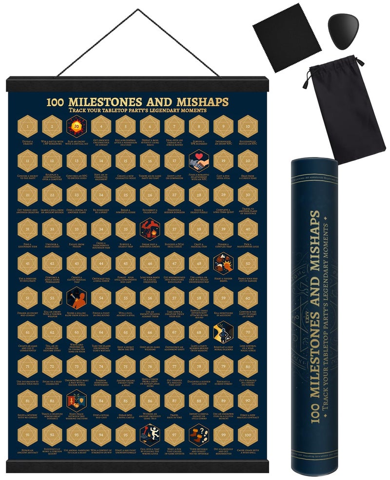 CZYY DND Achievements Scratch-Off Poster - 100 Milestones and Mishaps RPG Campaign Tracker Wall Art with Magnetic Hanger, Scratcher Kit - Fantasy Game Room Decor & Gift for TTRPG Players and DMs - Image 1