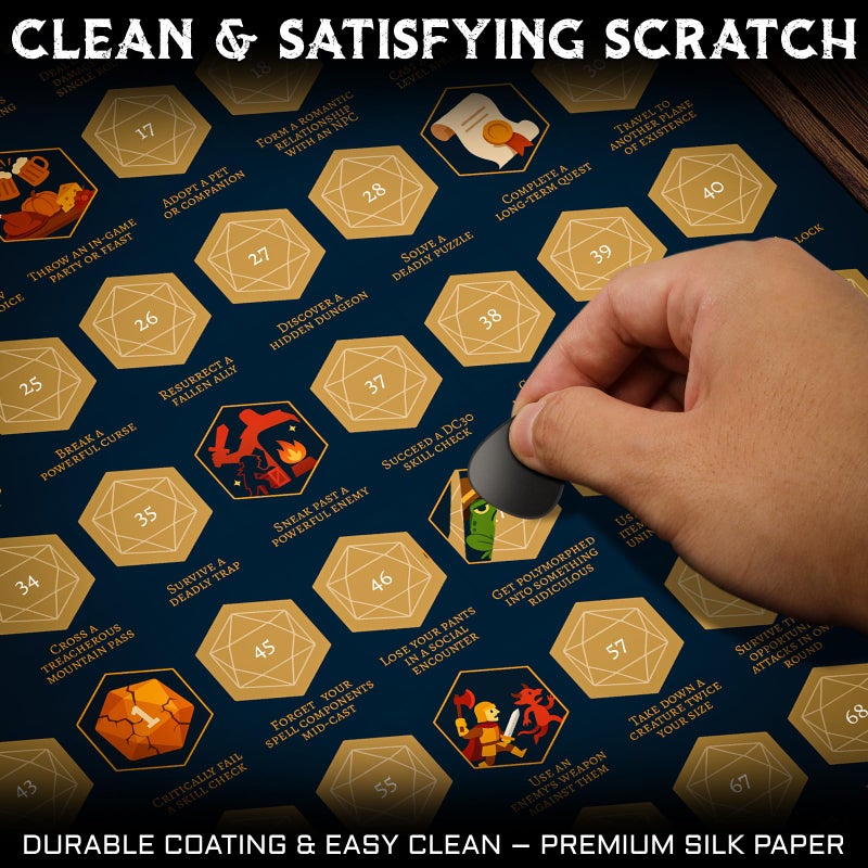 CZYY DND Achievements Scratch-Off Poster - 100 Milestones and Mishaps RPG Campaign Tracker Wall Art with Magnetic Hanger, Scratcher Kit - Fantasy Game Room Decor & Gift for TTRPG Players and DMs - Image 3
