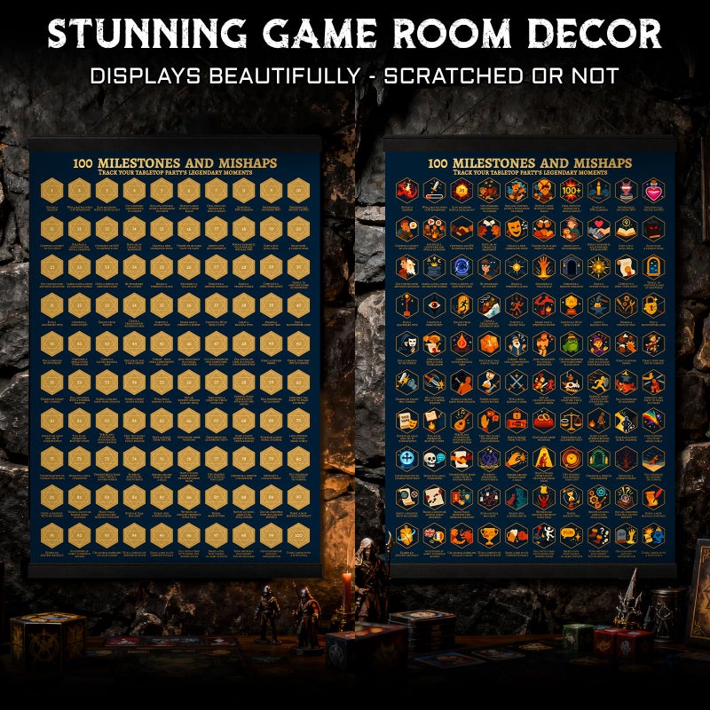 CZYY DND Achievements Scratch-Off Poster - 100 Milestones and Mishaps RPG Campaign Tracker Wall Art with Magnetic Hanger, Scratcher Kit - Fantasy Game Room Decor & Gift for TTRPG Players and DMs - Image 5