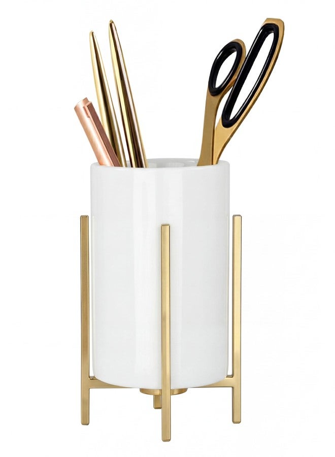MONOSUGO 4.72" Gold Pen Holder Aesthetic Pencil Holder for Desk, Gold Desk Organizers and Accessories for Women Girls, Ceramic Pen Holder for Office - Image 1