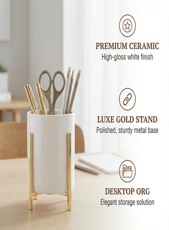 MONOSUGO 4.72" Gold Pen Holder Aesthetic Pencil Holder for Desk, Gold Desk Organizers and Accessories for Women Girls, Ceramic Pen Holder for Office - Image 3
