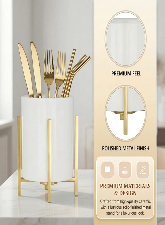 MONOSUGO 4.72" Gold Pen Holder Aesthetic Pencil Holder for Desk, Gold Desk Organizers and Accessories for Women Girls, Ceramic Pen Holder for Office - Image 5