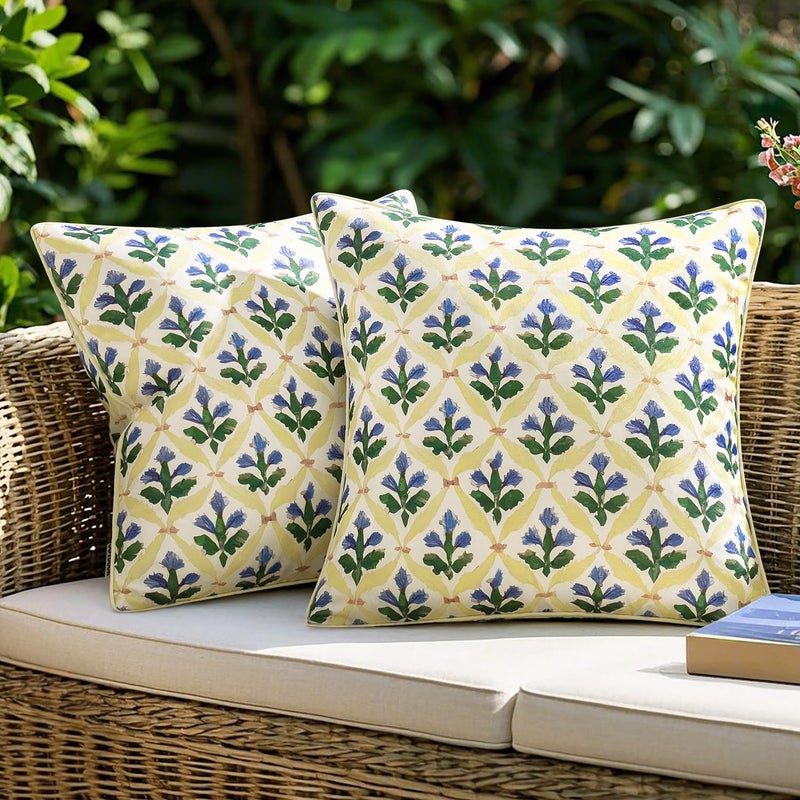 MIULEE Floral Decorative Pillow Covers Set of 2,Block Print Throw Pillowcases Outdoor Boho Farmhouse Vintage Summer Accent Cushion Covers for Couch paito Garden Sofa Bed 18x18 Inch, Yellow-Blue - Image 1