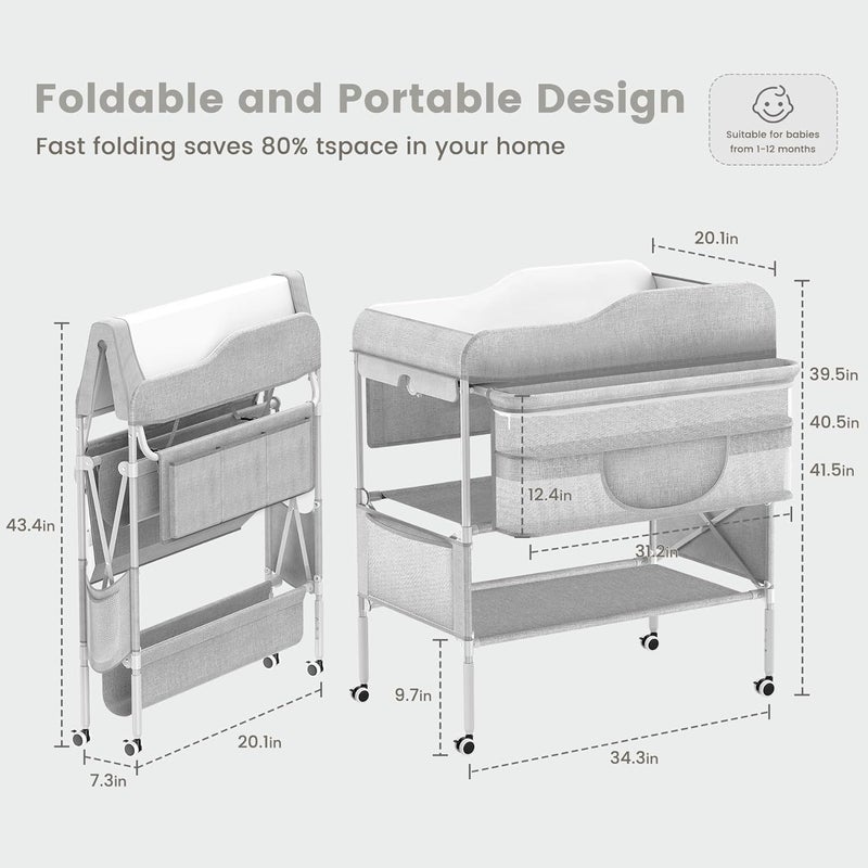 Portable Baby Diaper Changing Table, Waterproof Foldable Diaper Changing Table,Height Adjustable Changing Diaper Station for Infant and Nursery,Mobile Changing Station,Newborn Nursery Organizer(Grey) - Image 5