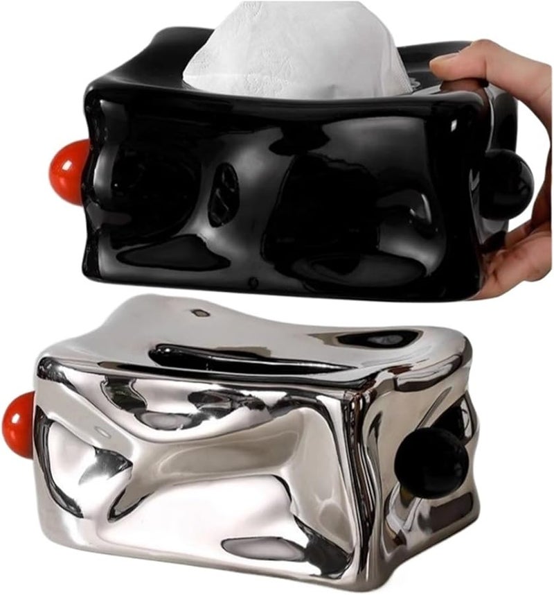 Large Ceramic Tissue Box With Silver Pleats Geometric Spheres And Black Balls Tabletop Storage Container - Image 3