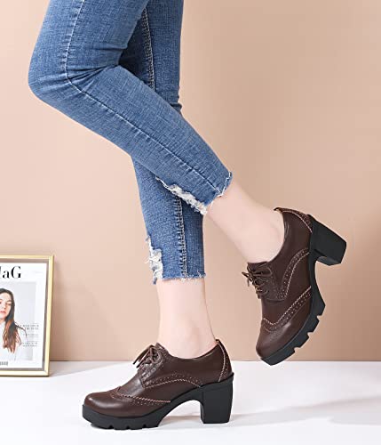 DADAWEN Women's Classic T-Strap Platform Mid-Heel Square Toe Oxfords Dress Shoes Brown US Size 8 - Image 2