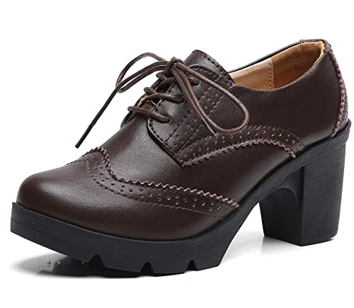 DADAWEN Women's Classic T-Strap Platform Mid-Heel Square Toe Oxfords Dress Shoes Brown US Size 8 - Image 1