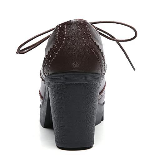 DADAWEN Women's Classic T-Strap Platform Mid-Heel Square Toe Oxfords Dress Shoes Brown US Size 8 - Image 3
