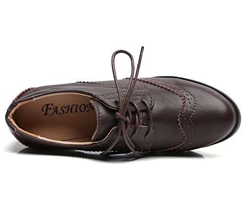 DADAWEN Women's Classic T-Strap Platform Mid-Heel Square Toe Oxfords Dress Shoes Brown US Size 8 - Image 5