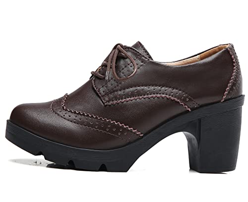 DADAWEN Women's Classic T-Strap Platform Mid-Heel Square Toe Oxfords Dress Shoes Brown US Size 8 - Image 4