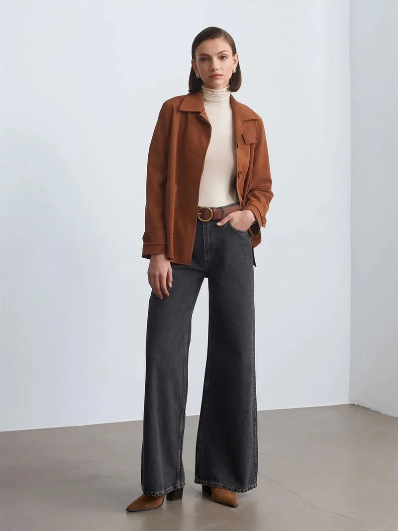 ديلفين Dilvin High-Waist Wide-Leg Cotton Denim Jeans