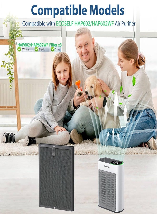 3 عبوات من فلاتر بديلة HAP602 لجهاز تنقية الهواء ECOSELF HAP602 HAP602WF، فلتر 3 في 1 يتكون من فلتر أولي وفلتر كربون نشط، وفلاتر HEPA H13 - Image 2
