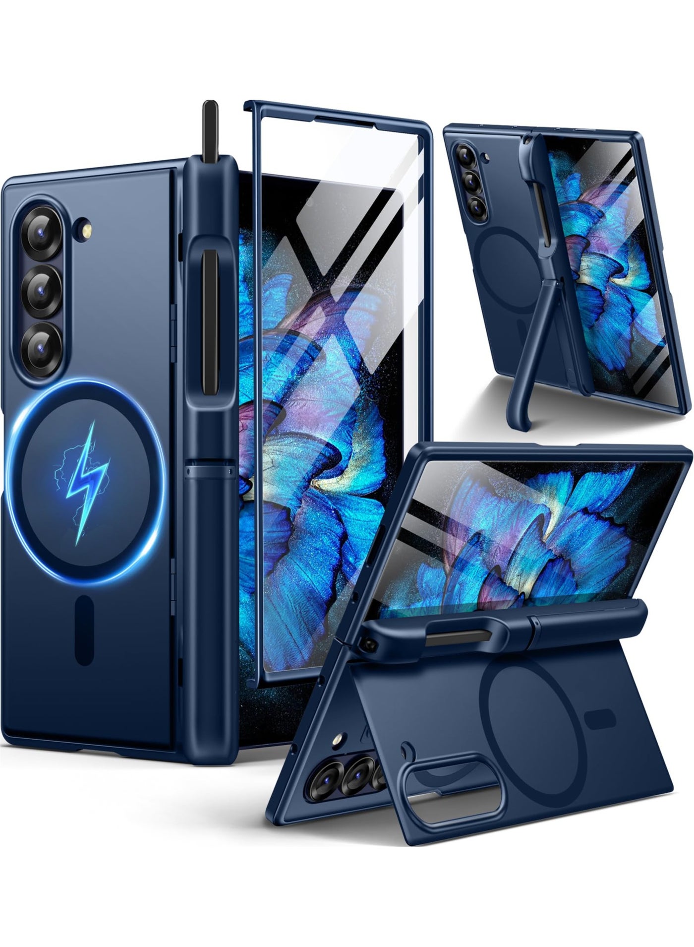 BERFY Magnetic Armor Stand for Samsung Galaxy Z Fold 6 with Screen Protector, Built-in S Pen Holder & 2 Invisible Kickstands, [Compatible with MagSafe] Full-Body Shockproof Case for Z Fold 6, Blue