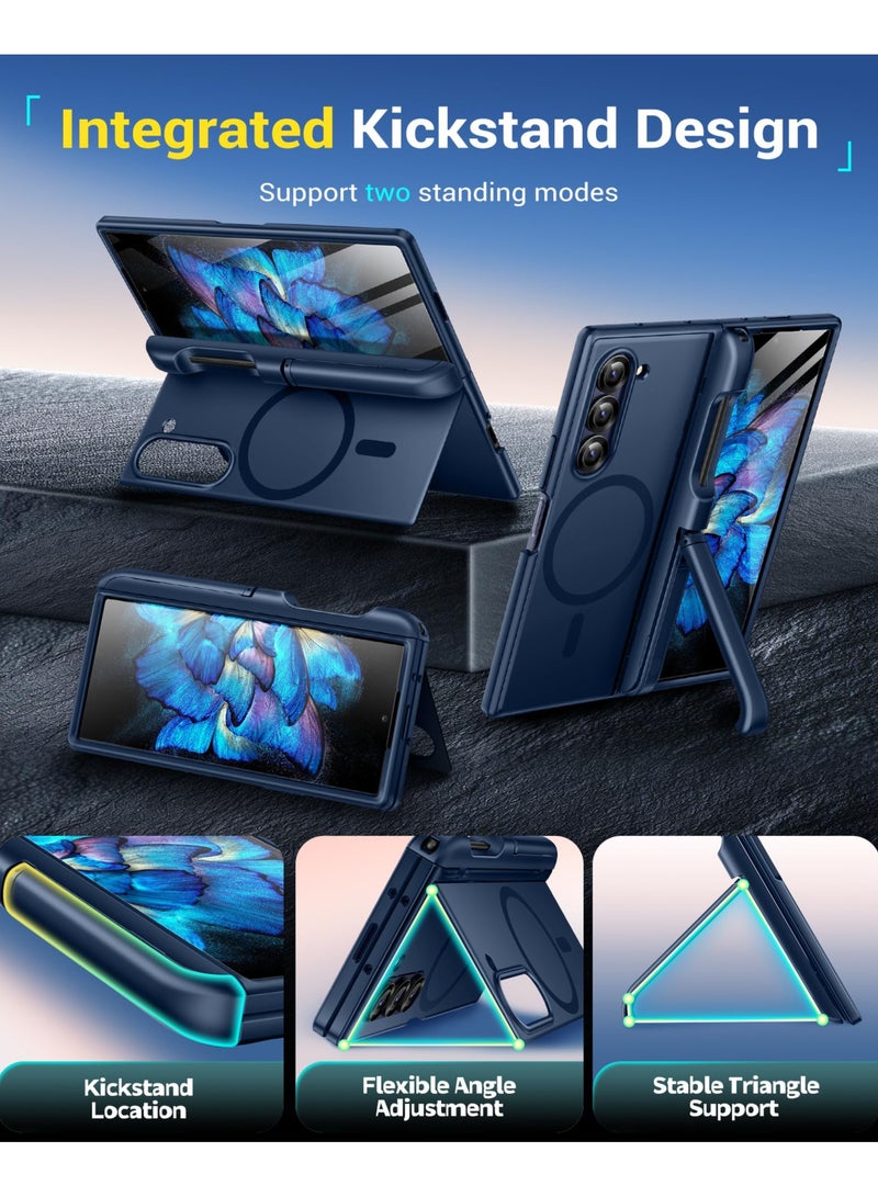 بيرفي حامل مغناطيسي لهاتف سامسونج جالاكسي زد فولد 6 مع واقي شاشة، وحامل قلم S مدمج وحاملين غير مرئيين، [متوافق مع ماج سيف] جراب كامل الجسم مقاوم للصدمات لهاتف زد فولد 6، أزرق - Image 2