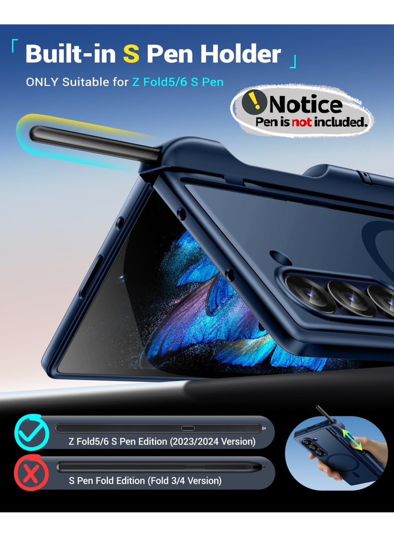 بيرفي حامل مغناطيسي لهاتف سامسونج جالاكسي زد فولد 6 مع واقي شاشة، وحامل قلم S مدمج وحاملين غير مرئيين، [متوافق مع ماج سيف] جراب كامل الجسم مقاوم للصدمات لهاتف زد فولد 6، أزرق - Image 3