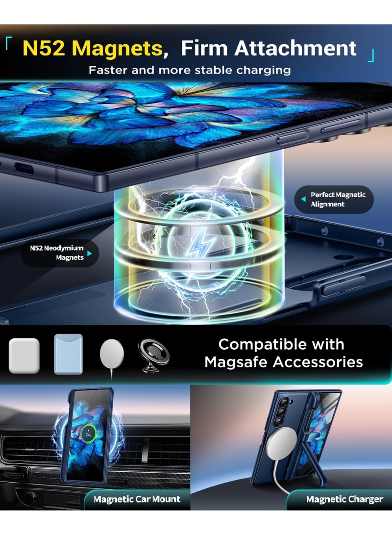 بيرفي حامل مغناطيسي لهاتف سامسونج جالاكسي زد فولد 6 مع واقي شاشة، وحامل قلم S مدمج وحاملين غير مرئيين، [متوافق مع ماج سيف] جراب كامل الجسم مقاوم للصدمات لهاتف زد فولد 6، أزرق - Image 4