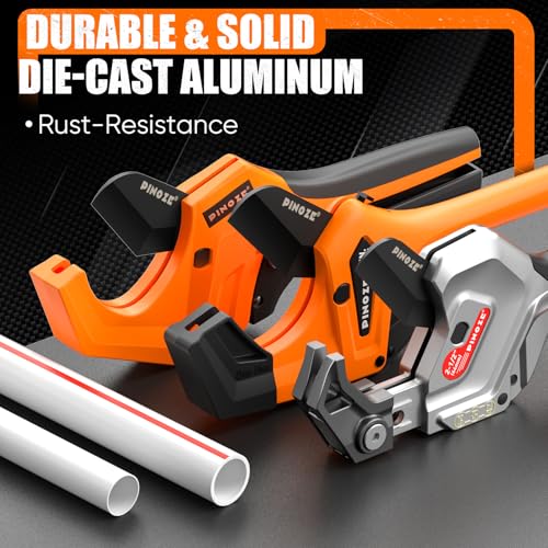 PINOZE PVC Pipe Cutter - 3 Inch Max Opening, Heavy-Duty Ratchet Pipe Cutter Tool with Stabilizer for PVC, PPR, PE, PEX, Plastic Hoses & Plumbing Pipes with Teflon Coated SK5 Blade - Image 4