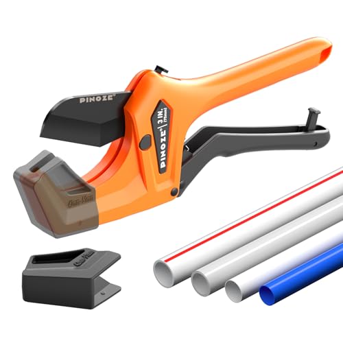 PINOZE PVC Pipe Cutter - 3 Inch Max Opening, Heavy-Duty Ratchet Pipe Cutter Tool with Stabilizer for PVC, PPR, PE, PEX, Plastic Hoses & Plumbing Pipes with Teflon Coated SK5 Blade - Image 1