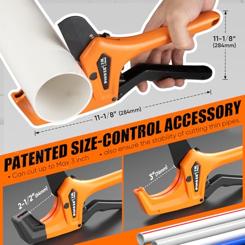 PINOZE PVC Pipe Cutter - 3 Inch Max Opening, Heavy-Duty Ratchet Pipe Cutter Tool with Stabilizer for PVC, PPR, PE, PEX, Plastic Hoses & Plumbing Pipes with Teflon Coated SK5 Blade - Image 2