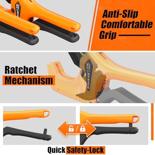 PINOZE PVC Pipe Cutter - 3 Inch Max Opening, Heavy-Duty Ratchet Pipe Cutter Tool with Stabilizer for PVC, PPR, PE, PEX, Plastic Hoses & Plumbing Pipes with Teflon Coated SK5 Blade - Image 5