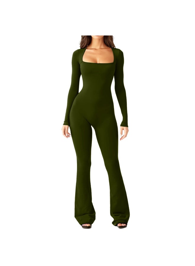 Women's Long-sleeved Belly Waist-lifting Hip-lifting Square Collar Wide-leg High-elastic Jumpsuit