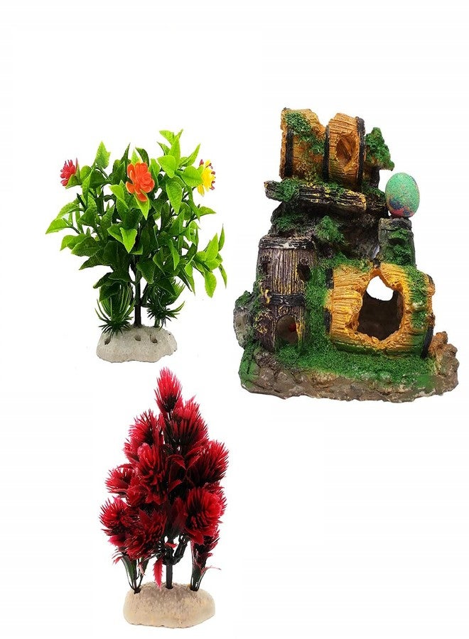 Jainsons Aquarium Decoration Barrel Ornament with Air Stone, and Tow Green & Red Plants - Resin Fish Tank Hideout with Moss Detail for Betta, Shrimp & Tropical Fish - Image 1