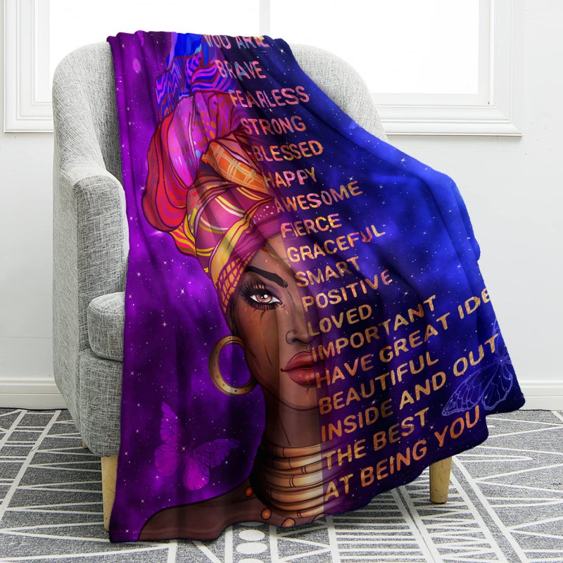 Jekeno African American Black Girl Lady Blanket Birthday for Women Kids Inspiring Positive Quotes Purple Presents Home Bedroom Decor Soft Cozy Plush Throw Blankets Colorful 50x60