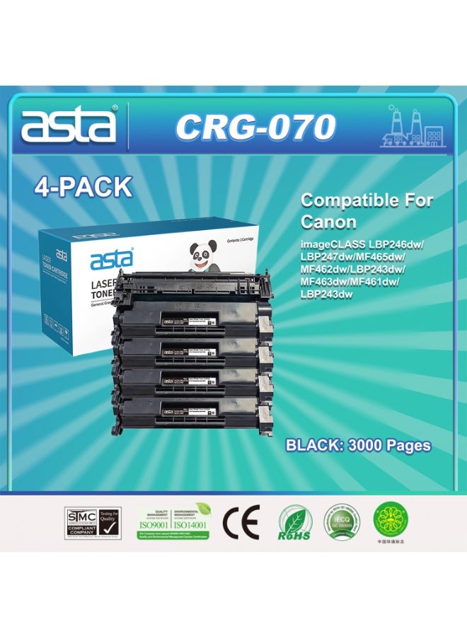استا عبوة من 4 خراطيش حبر أسود ASTA CRG 070 مزودة بشريحة، تطبع حتى 3000 صفحة، متوافقة مع طابعات Canon imageCLASS LBP246dw، LBP247dw، MF465dw، MF462dw، LBP243dw، MF463dw، MF461dw، LBP243dw، لا تسبب انحشار الورق، طباعة ثابتة. - Image 1