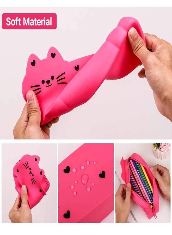 Umbrotiger Cute Cat Silicone Pencil Case - Aesthetic Rose Red Kitty Pen Holder for Artists & Office, Waterproof Travel Pouch for Makeup Brushes & Glasses, Squish-Proof Stationery Gift + Lens Cloth - Image 3