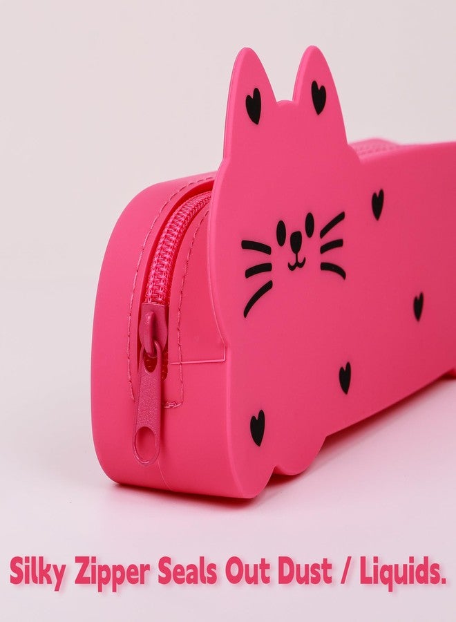 Umbrotiger Cute Cat Silicone Pencil Case - Aesthetic Rose Red Kitty Pen Holder for Artists & Office, Waterproof Travel Pouch for Makeup Brushes & Glasses, Squish-Proof Stationery Gift + Lens Cloth - Image 4