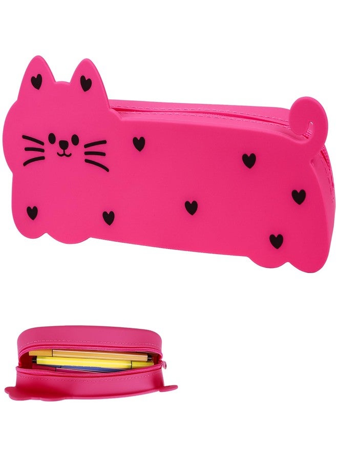 Umbrotiger Cute Cat Silicone Pencil Case - Aesthetic Rose Red Kitty Pen Holder for Artists & Office, Waterproof Travel Pouch for Makeup Brushes & Glasses, Squish-Proof Stationery Gift + Lens Cloth - Image 1