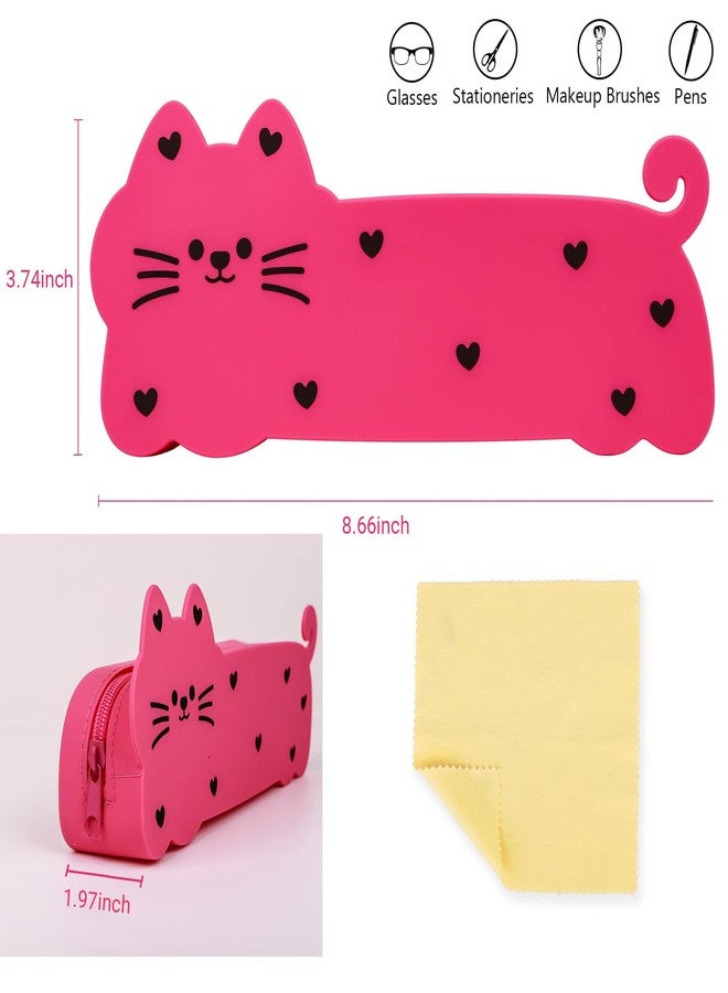 Umbrotiger Cute Cat Silicone Pencil Case - Aesthetic Rose Red Kitty Pen Holder for Artists & Office, Waterproof Travel Pouch for Makeup Brushes & Glasses, Squish-Proof Stationery Gift + Lens Cloth - Image 2