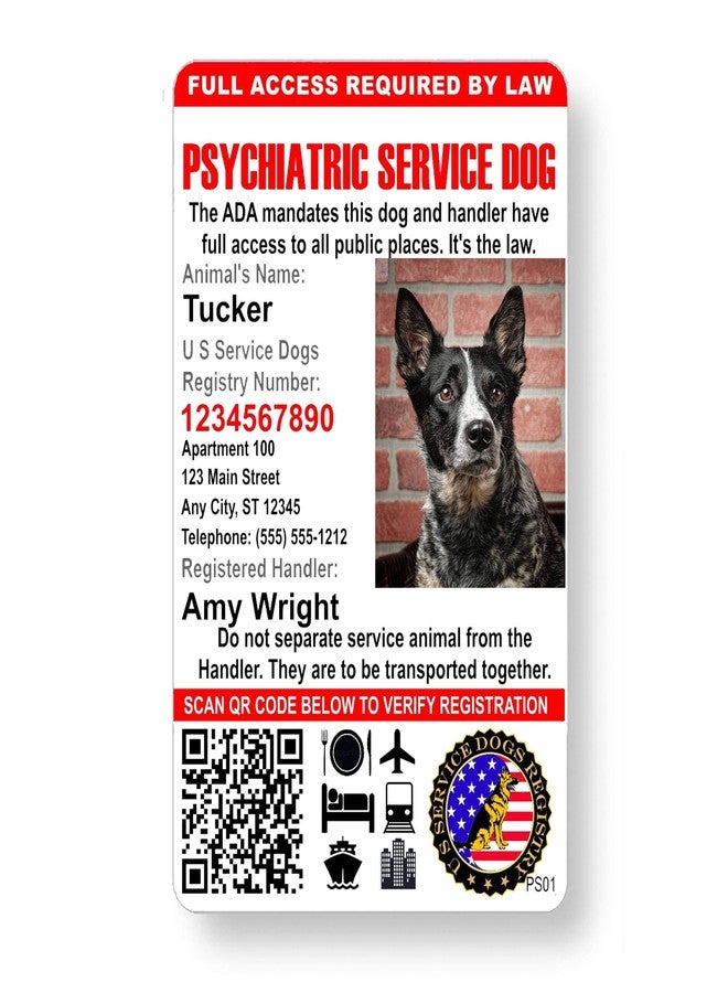 Just 4 Paws Custom Psychiatric Service Dog ID Card with QR Code & Security Seal and Optional Holograph | Registration to U S Service Dogs Registry Plus ID Holder & Digital ID - Portrait Style - Image 1