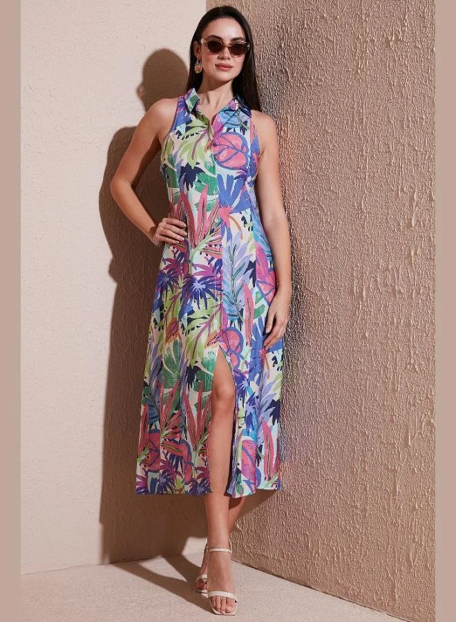 ليلا فستان قميص نسائي متوسط الطول بأزرار وقصة ضيقة بنقشة ليلا