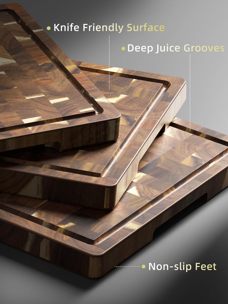HOSHANHO 3 Packs Acacia Wood Cutting Board Set, Extra Large Cutting Boards for Kitchen Meal Prep, Durable Chopping Board with Built-in Ergonomic Handles & Deep Juice Grooves - Image 3
