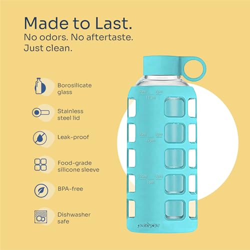 purifyou 40oz / 32oz / 22oz / 12oz Borosilicate Glass Water Bottle with Time & Volume Markers, Silicone Sleeve, Stainless Steel Lid | Reusable Glass Bottle for Water & Juice (22oz Aqua Blue) - Image 4