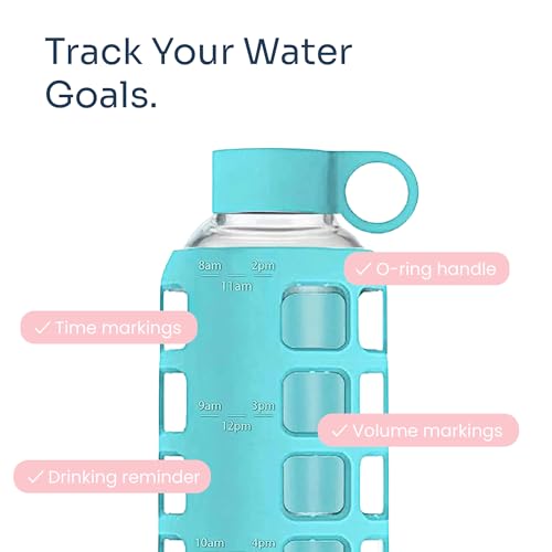 purifyou 40oz / 32oz / 22oz / 12oz Borosilicate Glass Water Bottle with Time & Volume Markers, Silicone Sleeve, Stainless Steel Lid | Reusable Glass Bottle for Water & Juice (22oz Aqua Blue) - Image 3