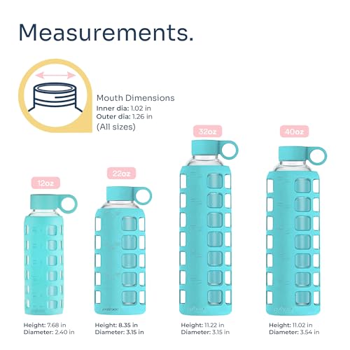 purifyou 40oz / 32oz / 22oz / 12oz Borosilicate Glass Water Bottle with Time & Volume Markers, Silicone Sleeve, Stainless Steel Lid | Reusable Glass Bottle for Water & Juice (22oz Aqua Blue) - Image 2