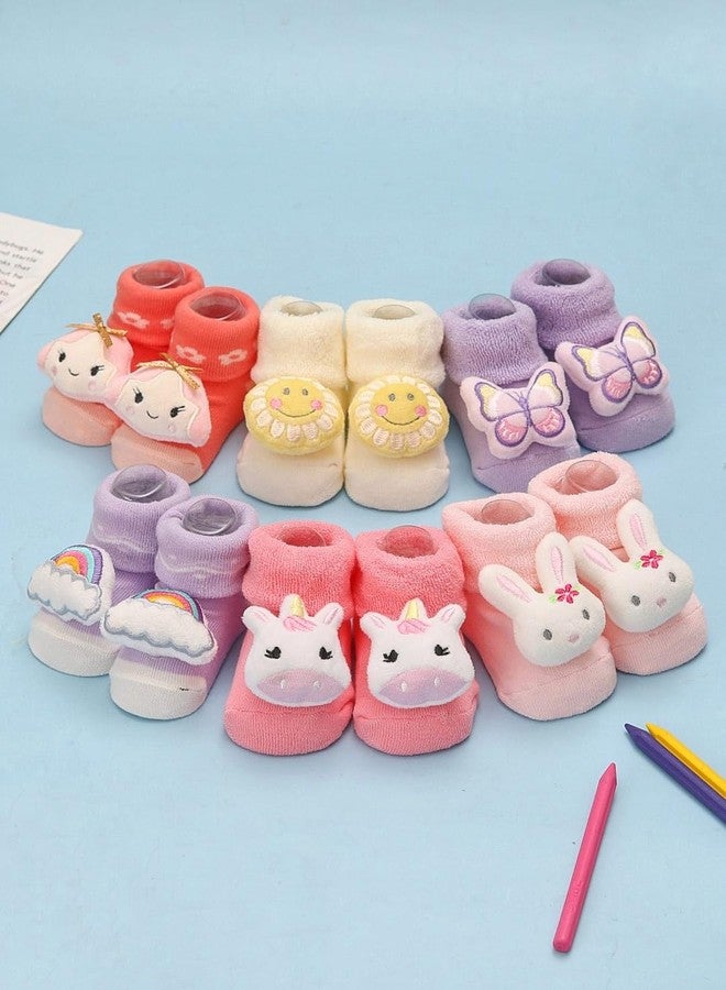 Yellow Bee Whimsical Bunny, Girl, Butterfly, Rainbow, Sunflower, and Unicorn Rattle Socks Combo for Girls- Pink, Purple and Cream, 0-12 Months - Image 2