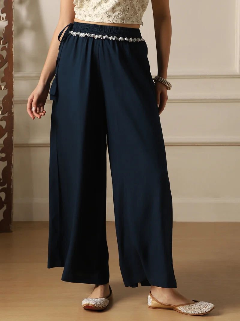 globus Globus Women Teal Lace Insert Drawstring Waist Wide Leg Flared Palazzo