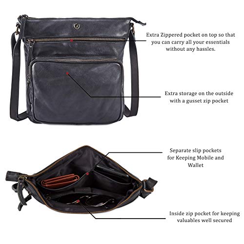 Cochoa Crossbody Bags for Women Real Leather Purse Handmade Vintage Crossover Shoulder Pocketbook (Black Washed Vintage) - Image 3