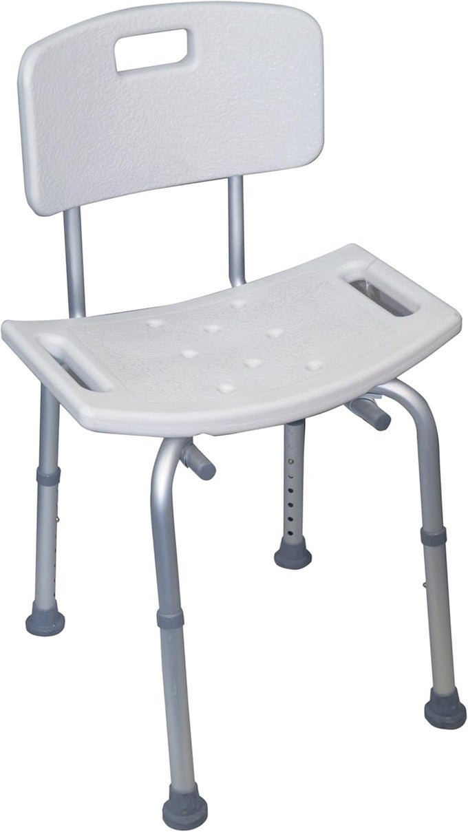 HEIGHT ADJUSTABLE SHOWER AND BATH STOOL WITH BACK ANTI SLIP FEET EASY CLEAN SURFACE AND HAND GRIP TO AID STABILITY FOR USERS WHO ARE ELDERLY DISABLED PREGNANT OR UNSTEADY ON THEIR FEET